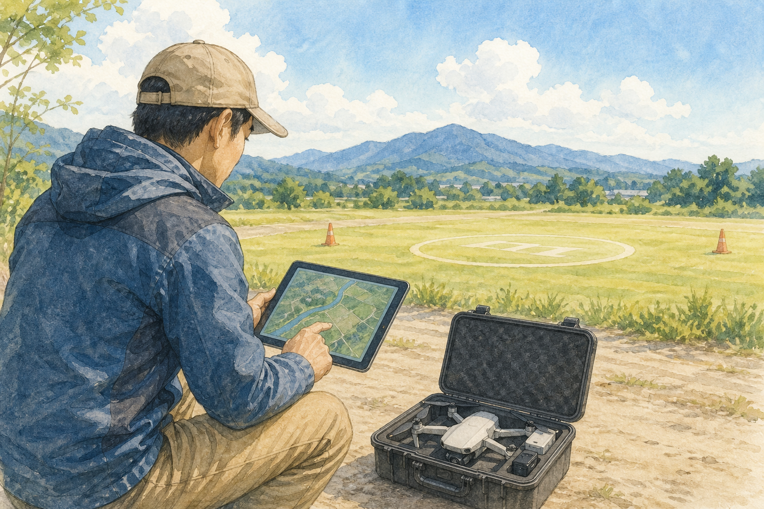 飛行計画を確認するドローン操縦者のイラスト